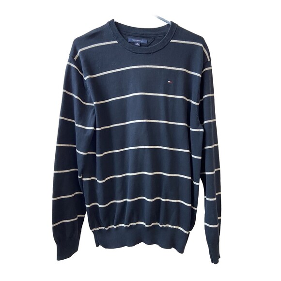 Tommy Hilfiger Sweater Mens XL Blue White Striped Tight Knit Preppy Academia - Picture 1 of 8